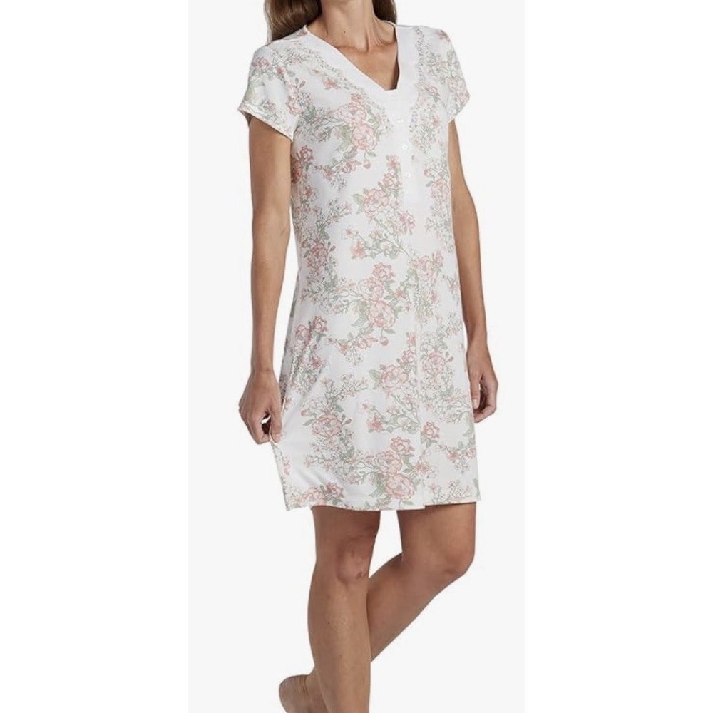 Miss Elaine women's Babydoll Floral Lace Button Nightgown short sleeves Sz-M